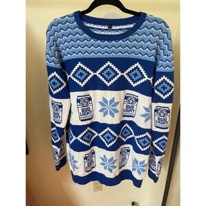 Bud Light Large Christmas Sweater Beer Cans Snowflake Blue White Scoop Neck
